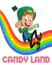 Lucky the Leprechaun skipping on a rainbow with text made from candy canes that reads Candy Land.
