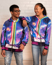 Two smiling teens wearing the colorful cosmic Lucky Charms™ Liftoff Hoodie.

