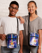 Two smiling teens wearing the colorful cosmic Lucky Charms™ bags over their shoulders.
