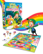 The box and contents of Lucky&#39;s Charmworld Candy Land board game laid out.
