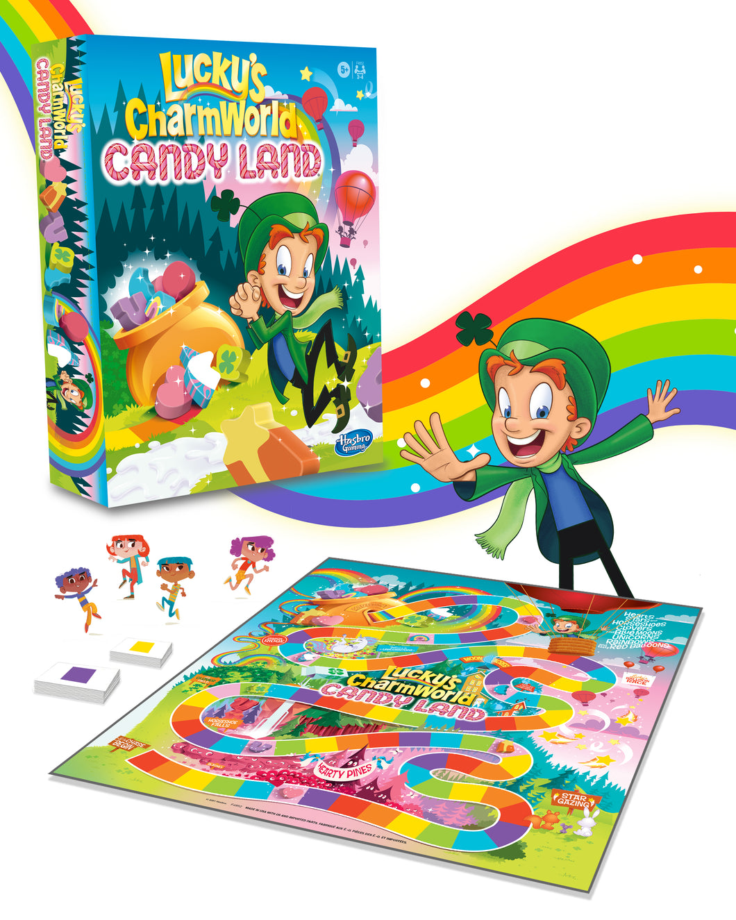 The box and contents of Lucky's Charmworld Candy Land board game laid out.